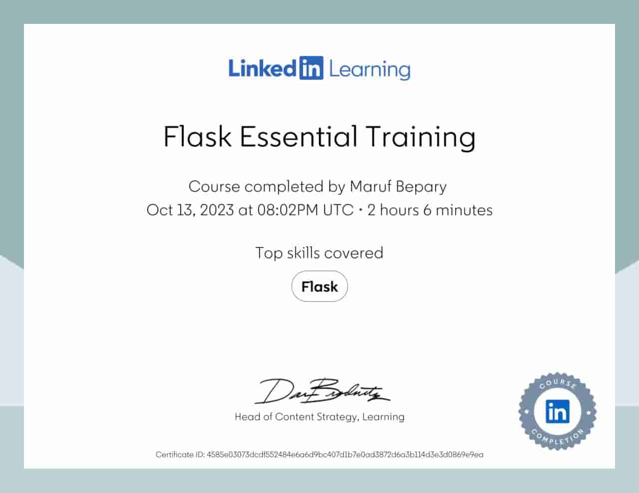 Flask Essential Training certificate image