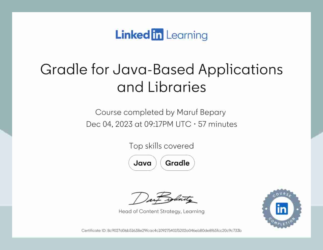 Gradle for Java-Based Applications and Libraries certificate image