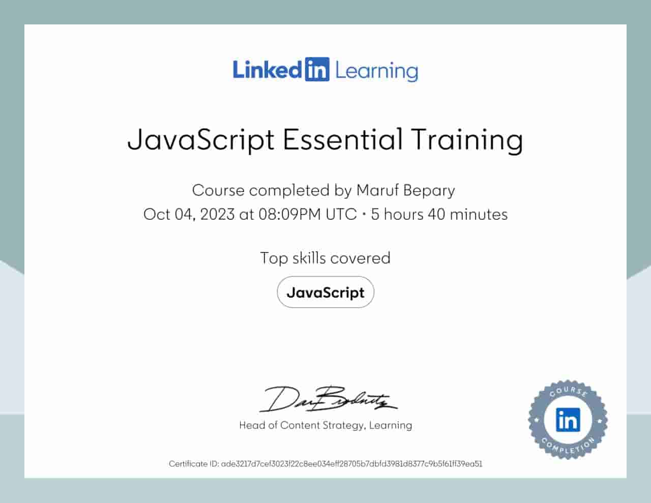 JavaScript Essential Training certificate image