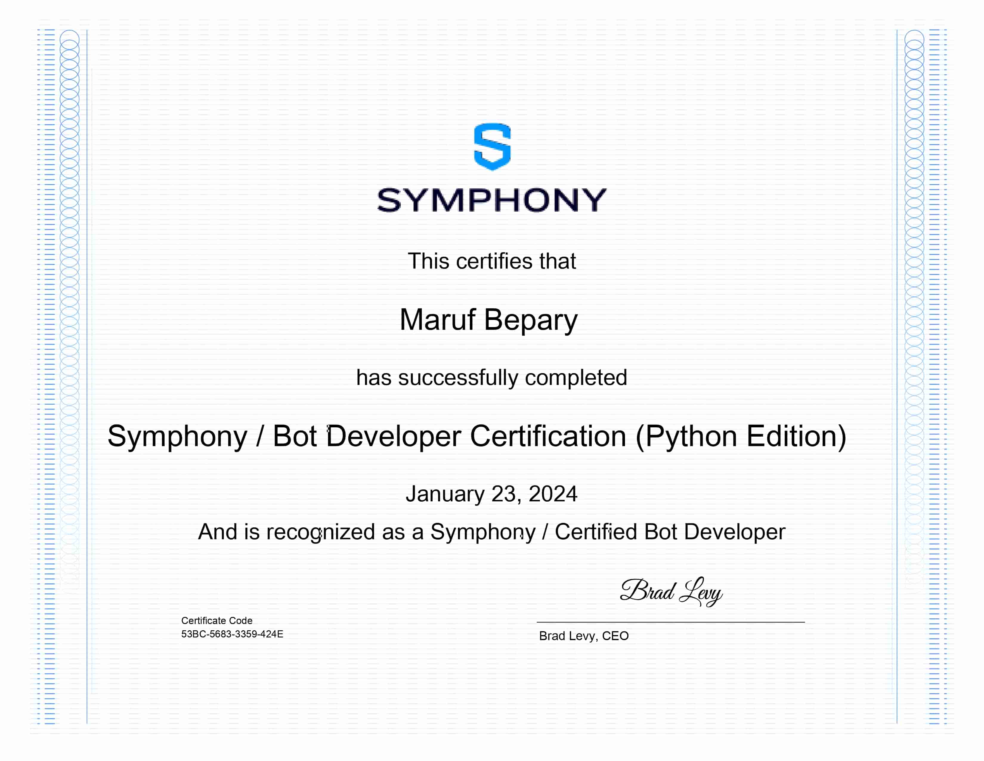 Symphony Certified Bot Developer (Python) certificate image