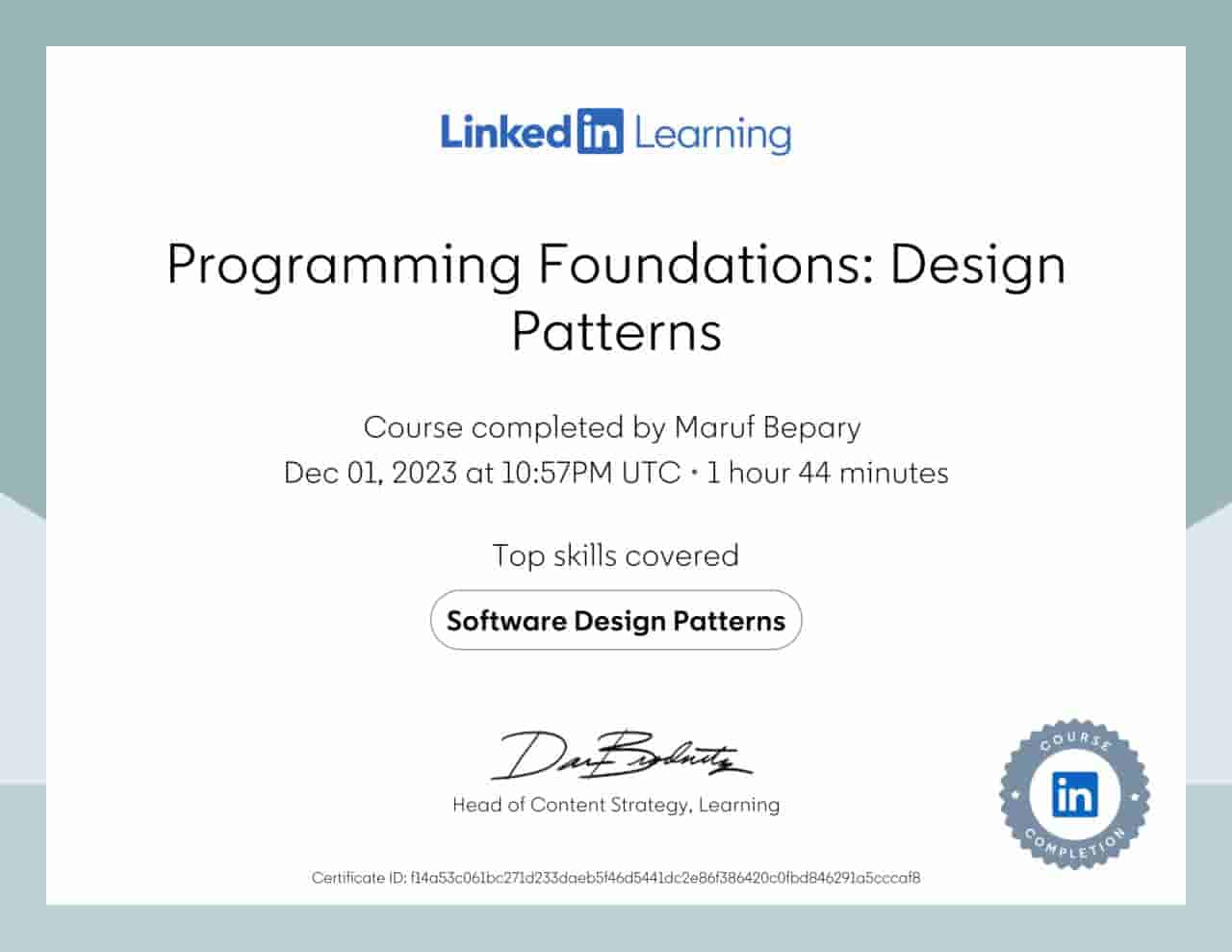 Programming Foundations: Design Patterns certificate image